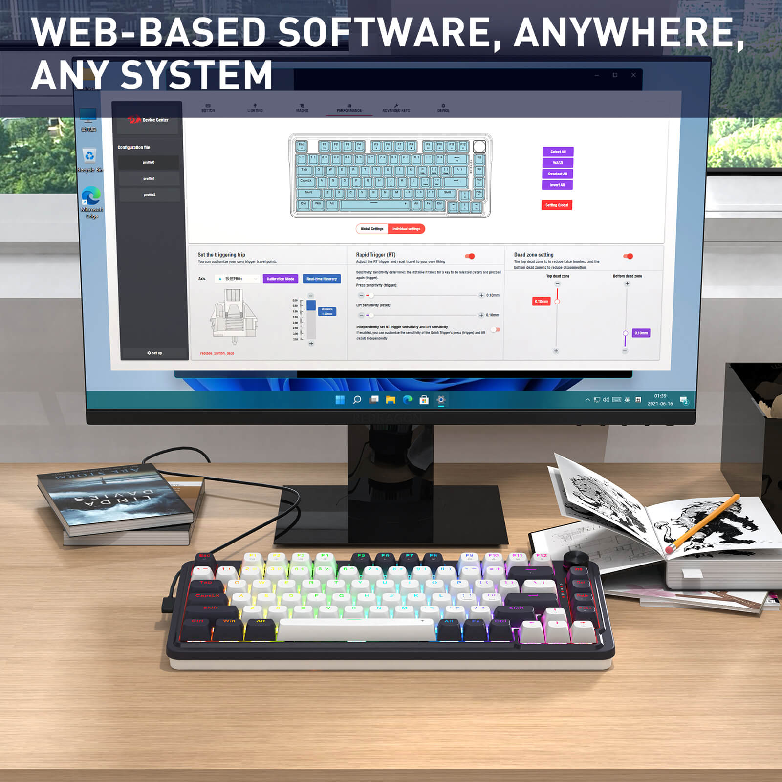 Computer monitor displaying a software interface with a mechanical keyboard on a desk.