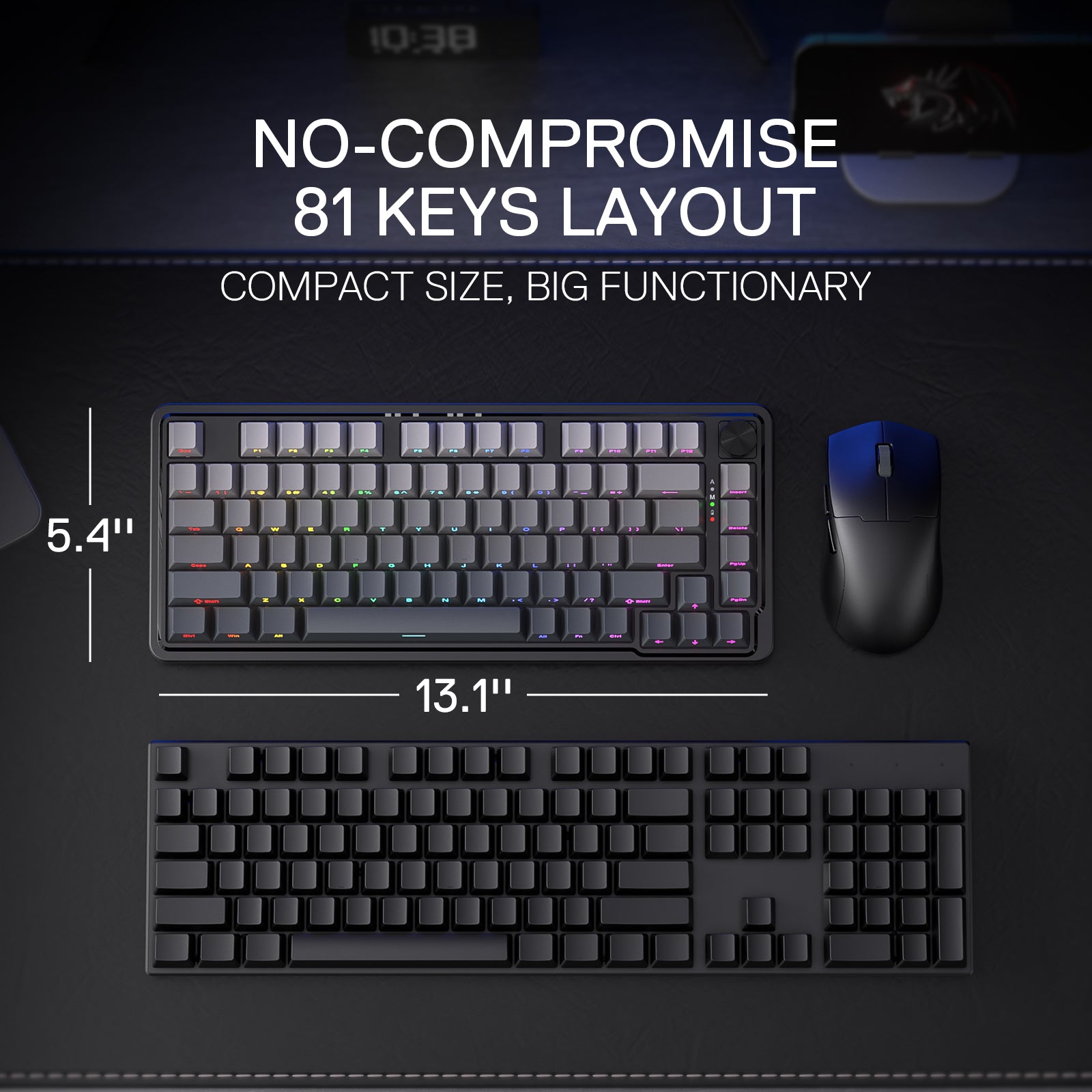 Redragon K673 GB 75% Wireless Gasket RGB Gaming Keyboard, 3-Modes 81 Keys PBT Compact Mechanical Keyboard w/Hot-Swap Socket, Dedicated Knob Control & 5-Layer Noise Dampening, Custom Linear Switch