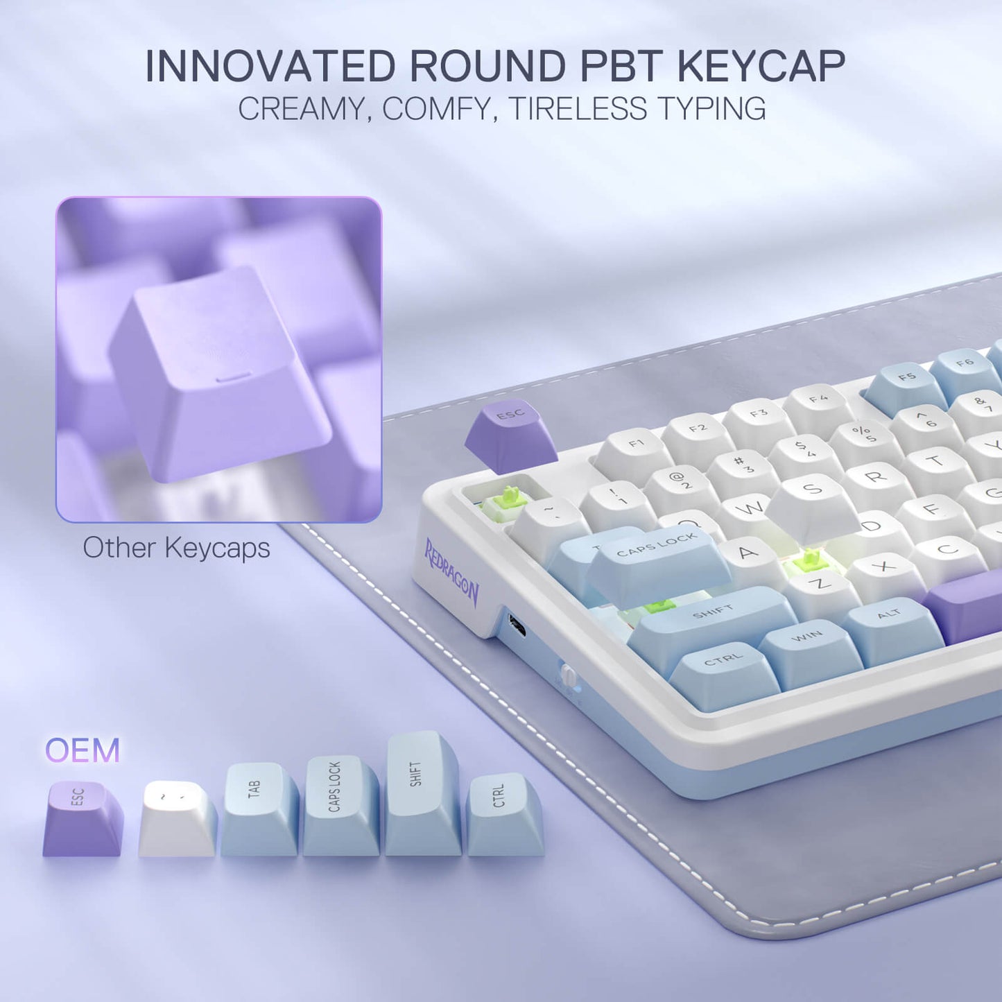 Redragon UCAL MAX K673 MOA Keycaps 75% 81 Hot-Swappable Gaming Keyboard in Moonrise Violet with OEM Profile PBT Round Keycaps