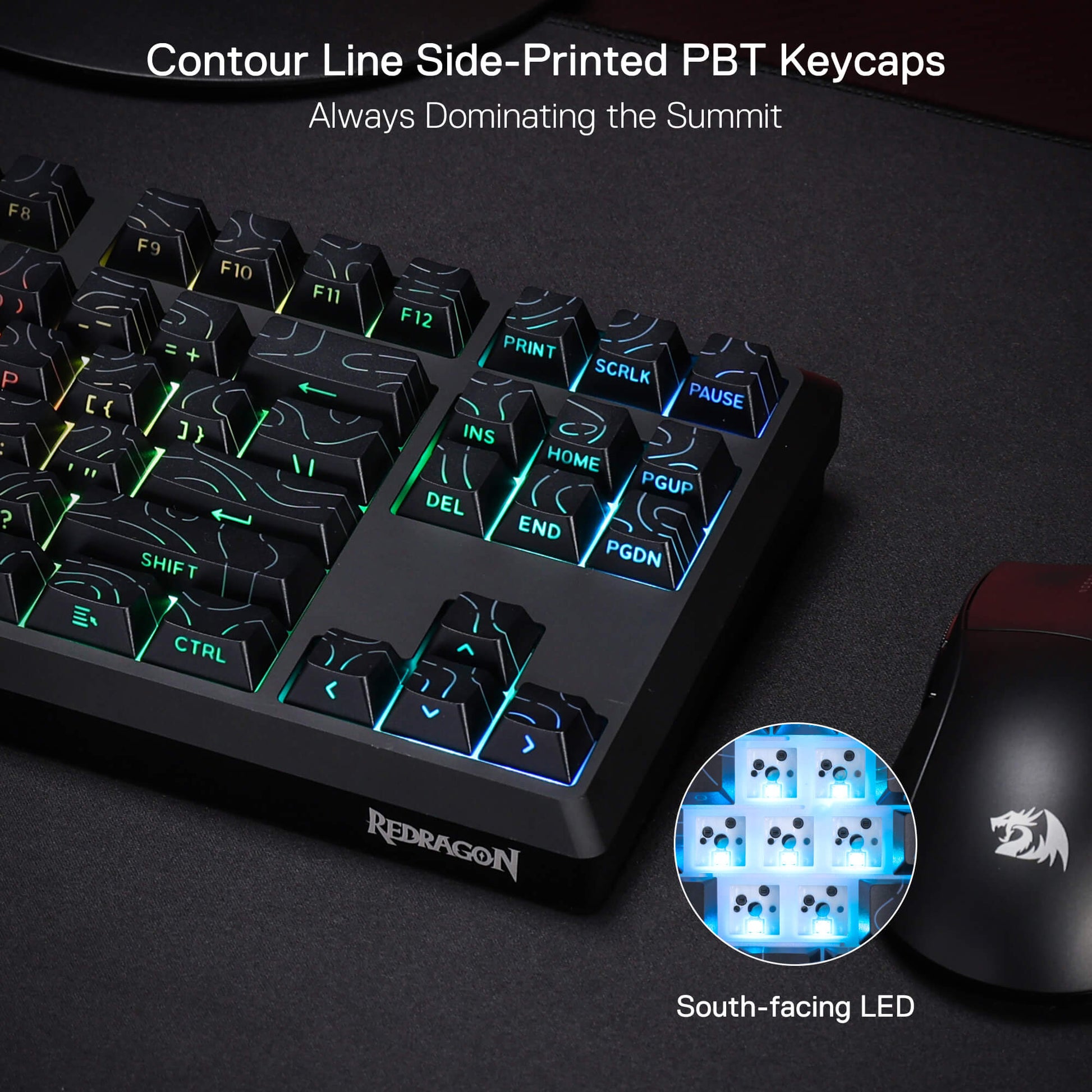 Gaming keyboard with side-printed PBT keycaps and Redragon branding on a dark surface.