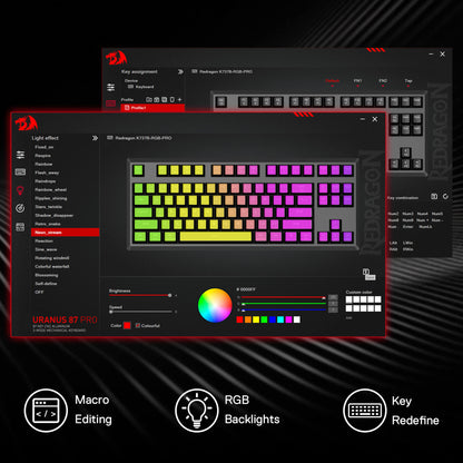 Keyboard software interface with RGB color options on a black background