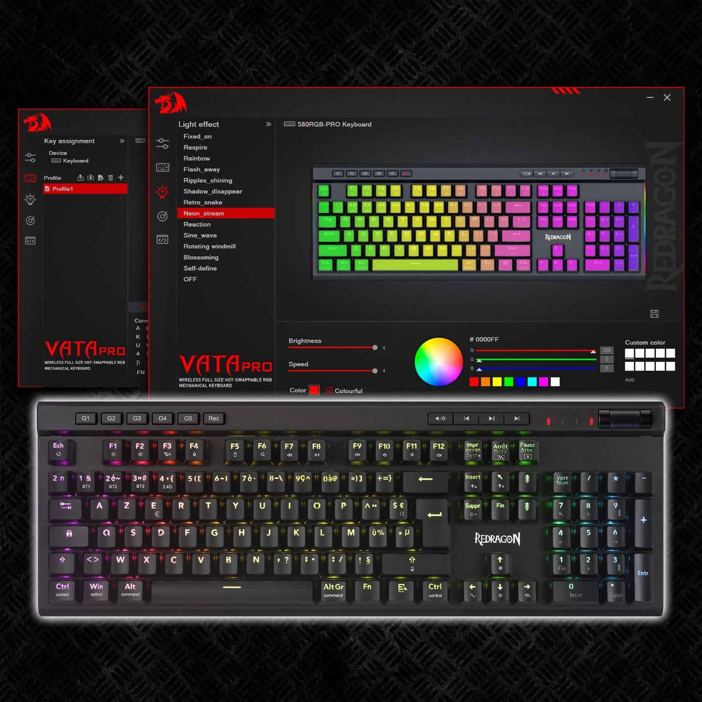 Clavier de jeu sans fil RGB Redragon K580 PRO, clavier mécanique à 104 touches avec 3 modes, connecteur Hot-Swap, commandes multimédia dédiées et enregistrement de macros intégré, commutateurs linéaires rouges