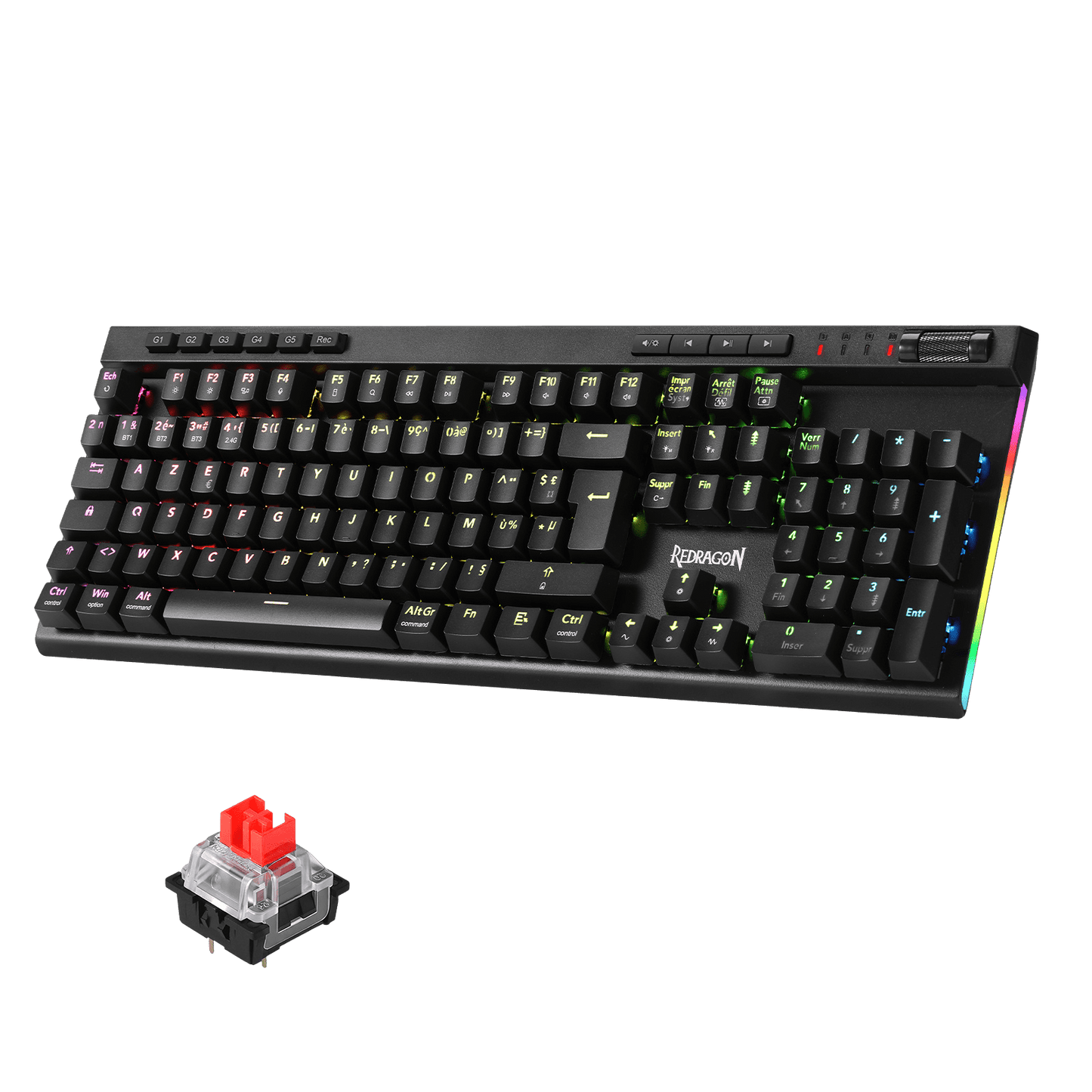 Clavier de jeu sans fil RGB Redragon K580 PRO, clavier mécanique à 104 touches avec 3 modes, connecteur Hot-Swap, commandes multimédia dédiées et enregistrement de macros intégré, commutateurs linéaires rouges