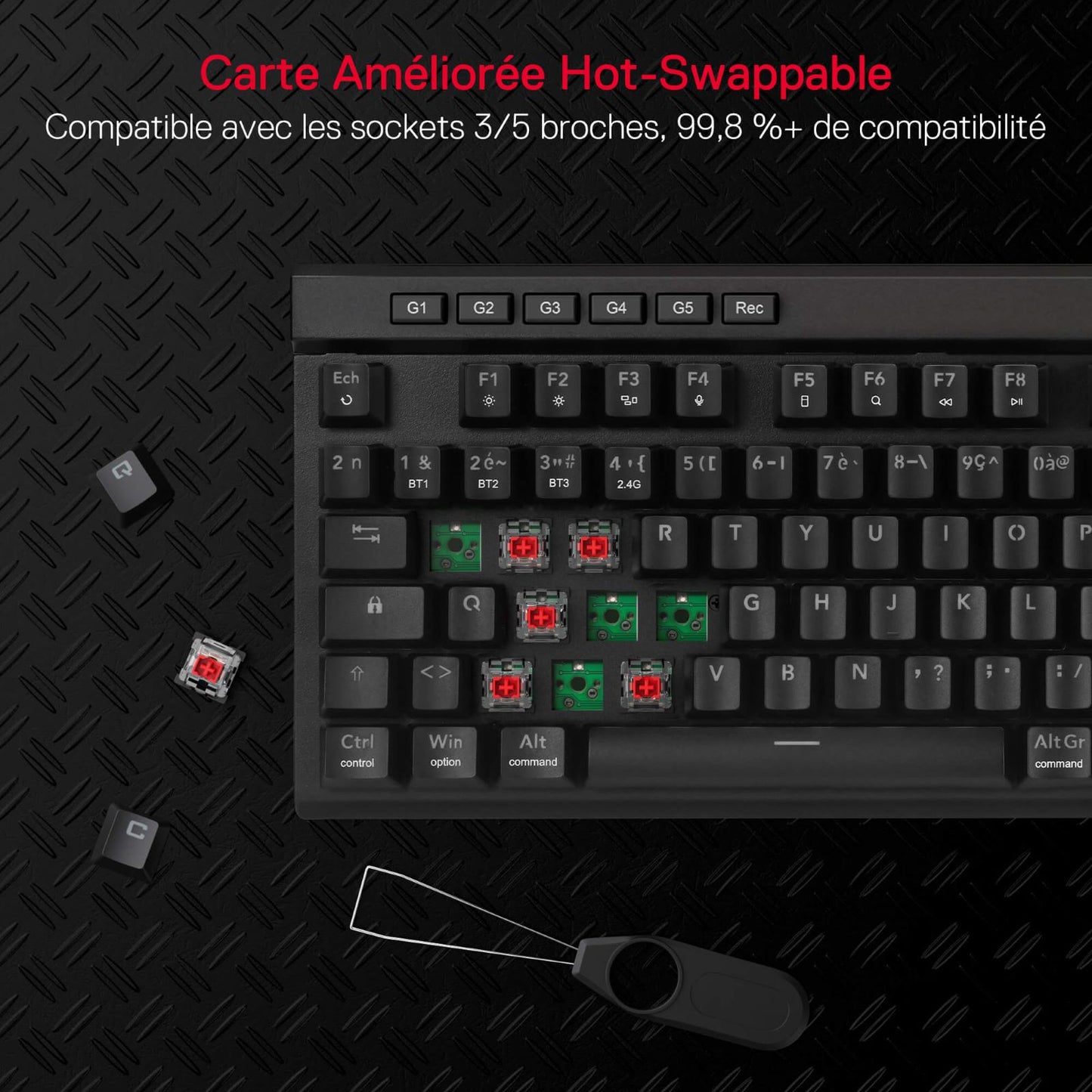 Clavier de jeu sans fil RGB Redragon K580 PRO, clavier mécanique à 104 touches avec 3 modes, connecteur Hot-Swap, commandes multimédia dédiées et enregistrement de macros intégré, commutateurs linéaires rouges