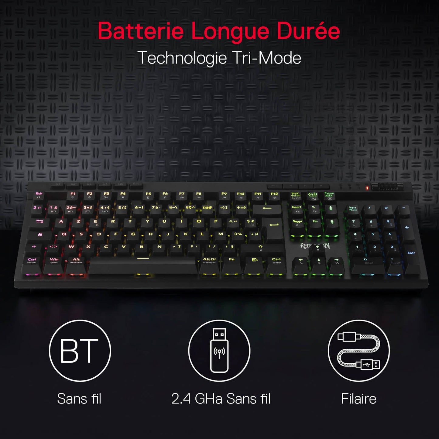Clavier de jeu sans fil RGB Redragon K580 PRO, clavier mécanique à 104 touches avec 3 modes, connecteur Hot-Swap, commandes multimédia dédiées et enregistrement de macros intégré, commutateurs linéaires rouges