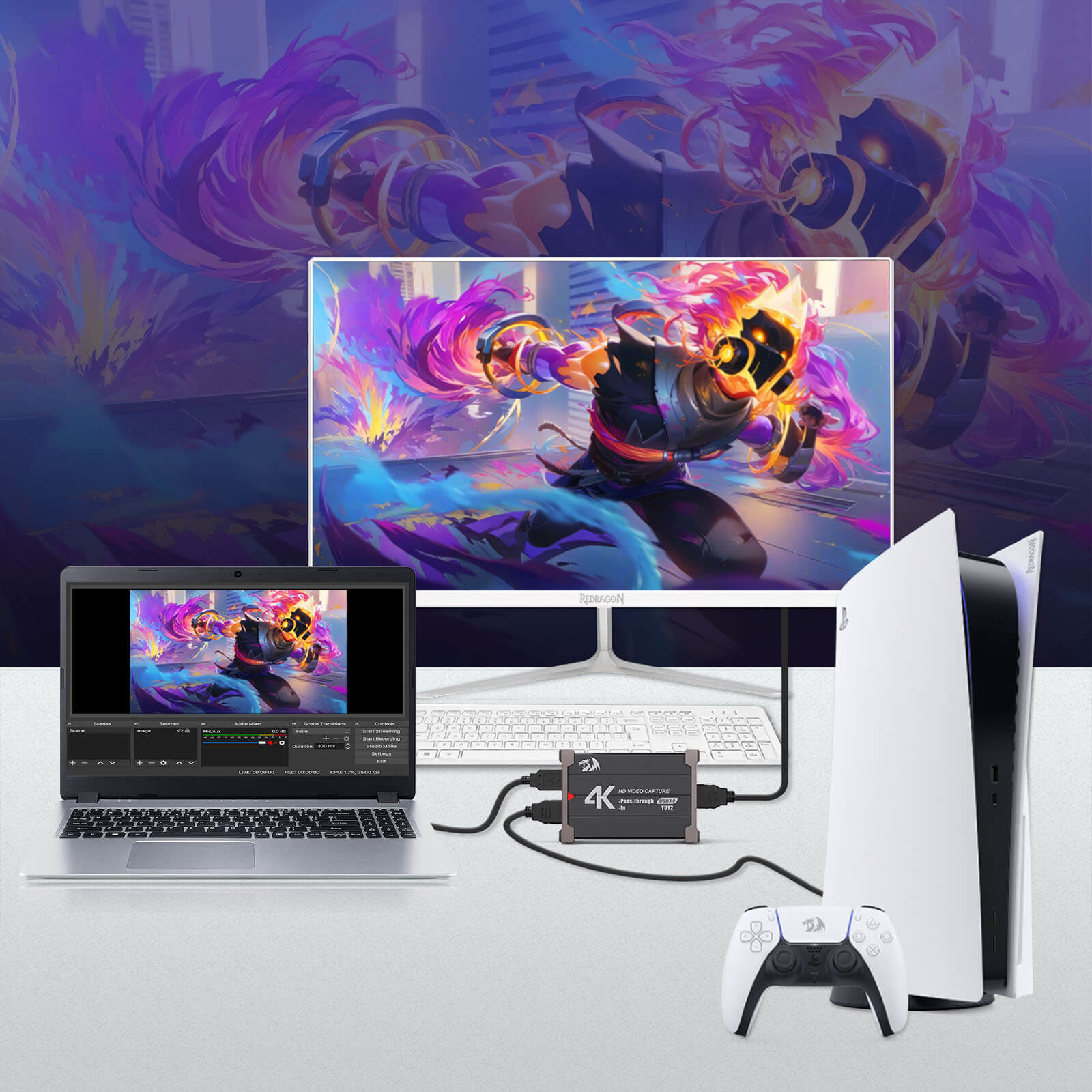Gaming setup with laptop, monitor, and gaming console on a white surface with colorful background.