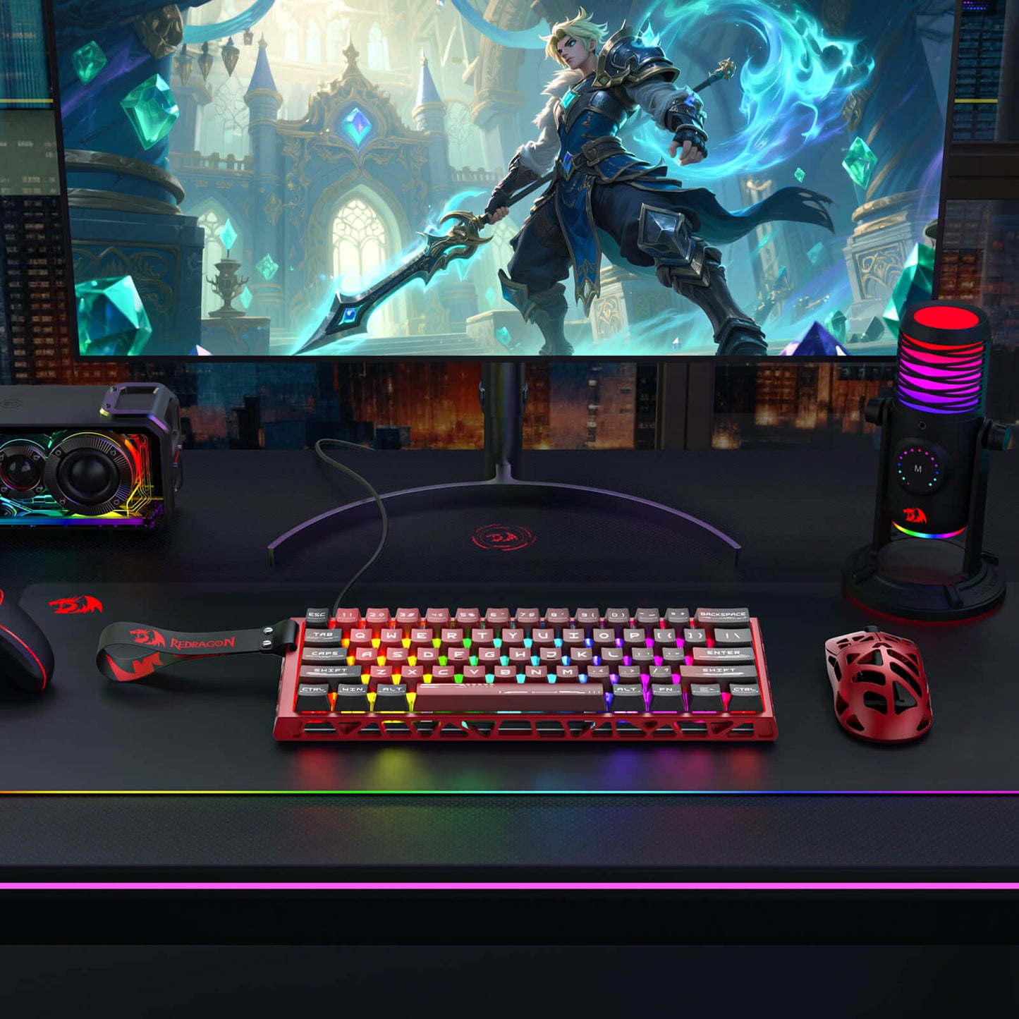 A vibrant RGB-lit gaming setup features the Redragon K753 keyboard, a hollowed-out red mouse, and a microphone, with a fantasy game displayed on the monitor.