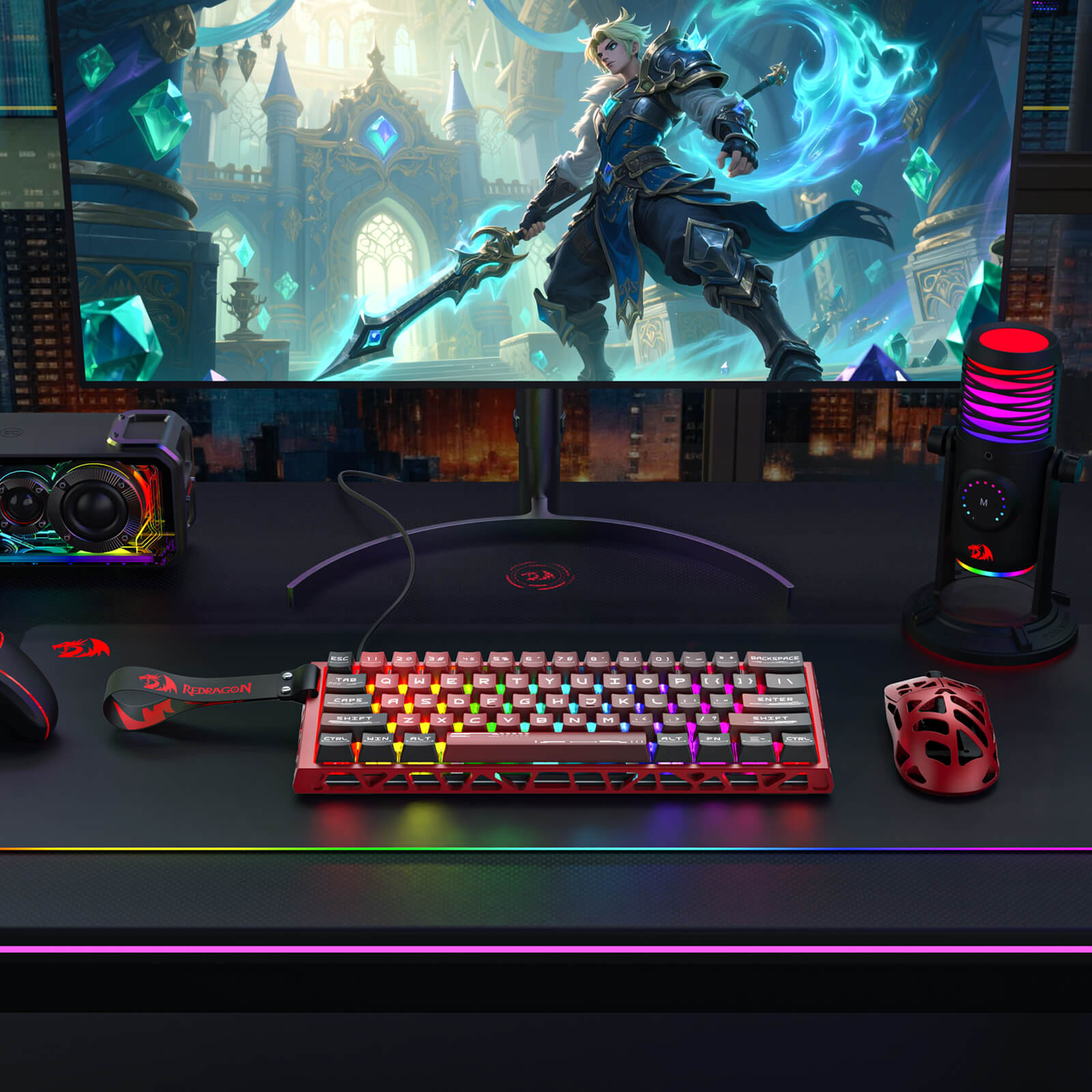A vibrant RGB-lit gaming setup features the Redragon K753 keyboard, a hollowed-out red mouse, and a microphone, with a fantasy game displayed on the monitor.
