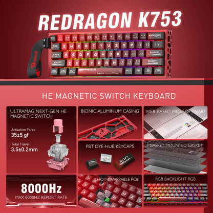 The Redragon K753 magnetic switch keyboard is featured, with key specs including Ultramag HE switches, bionic aluminum casing, 8000Hz report rate, and hot-swappable PCB.