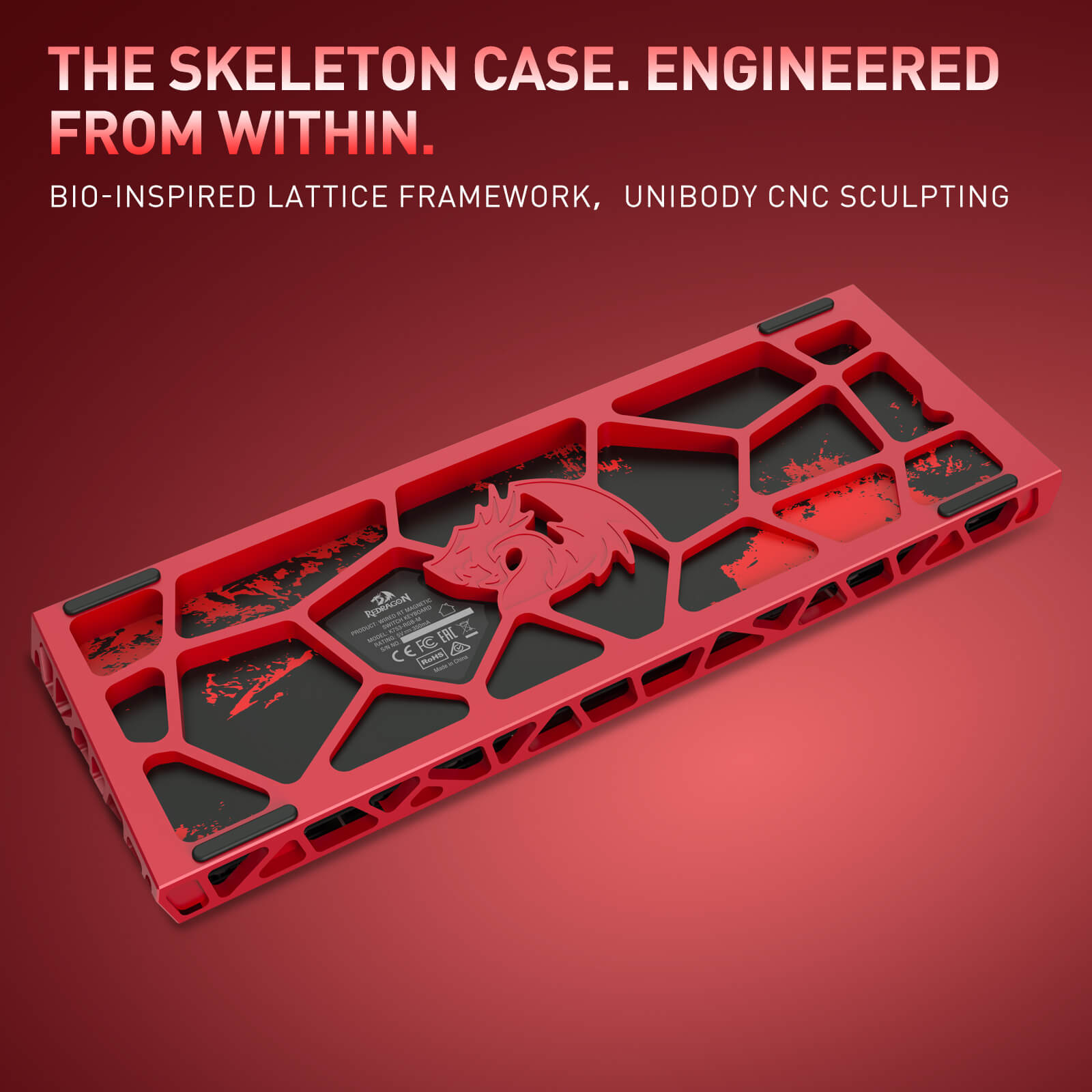The keyboard’s skeleton case is highlighted, with a bio-inspired lattice framework and unibody CNC sculpting for a premium design.