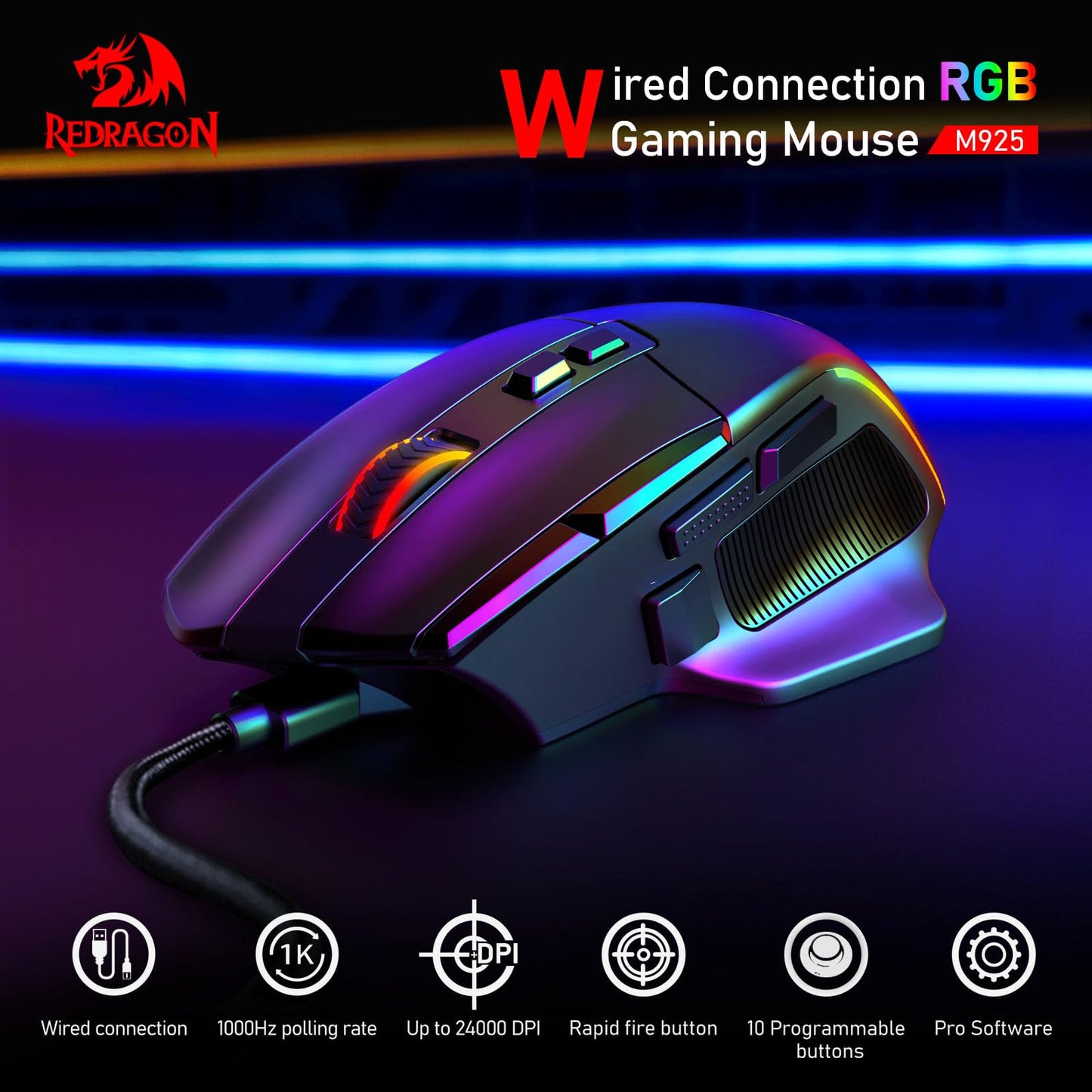 The Redragon M925 wired RGB gaming mouse is showcased, highlighting key features: 1000Hz polling rate, up to 24000 DPI, rapid fire button, 10 programmable buttons, and pro software support.