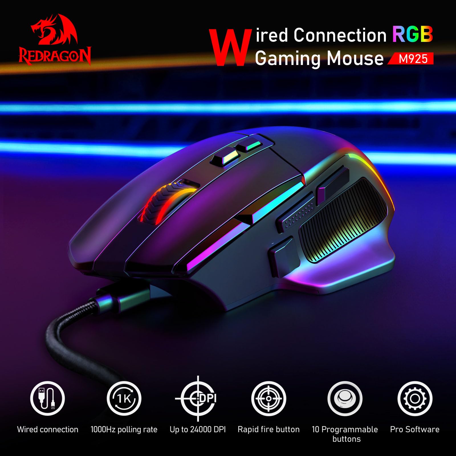 The Redragon M925 wired RGB gaming mouse is showcased, highlighting key features: 1000Hz polling rate, up to 24000 DPI, rapid fire button, 10 programmable buttons, and pro software support.