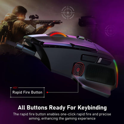 All buttons are fully programmable, including a rapid fire button that enables one-click rapid fire and precise aiming for enhanced gaming.