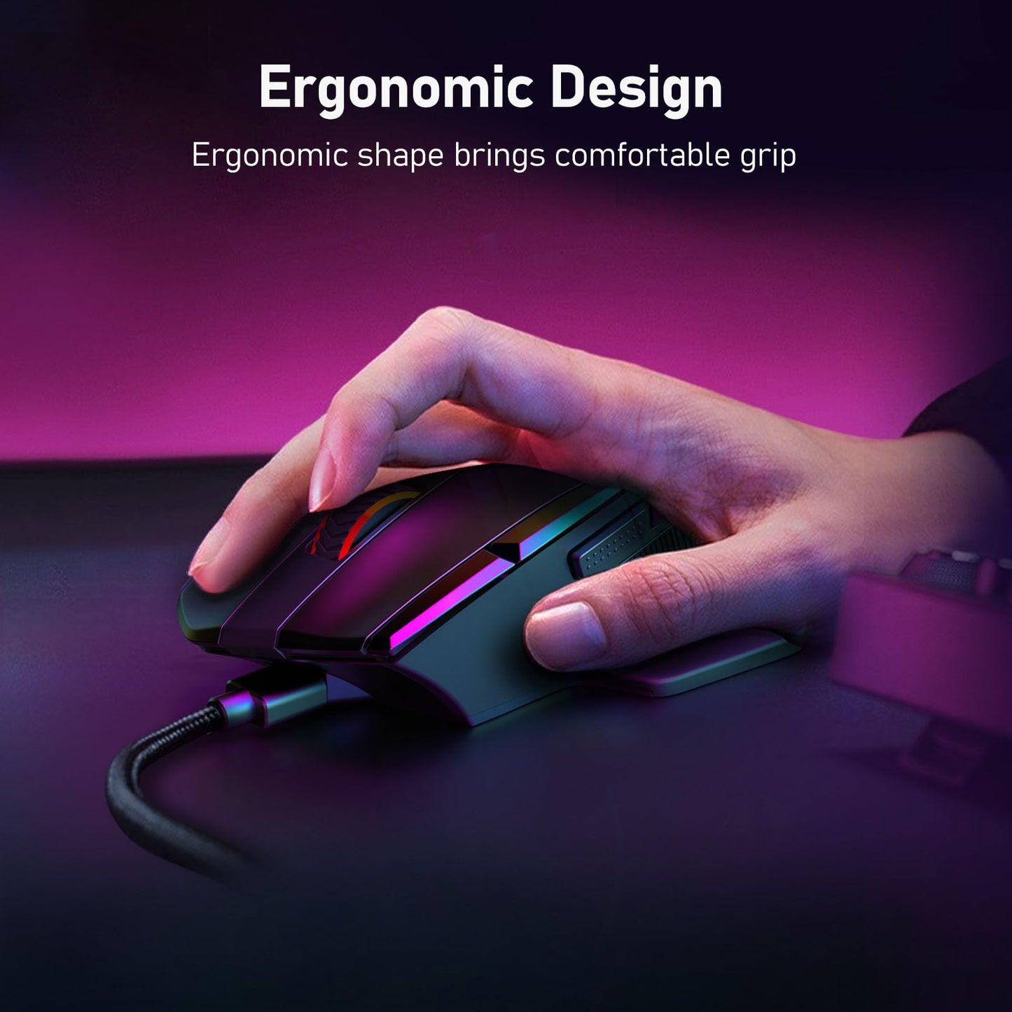 The ergonomic design provides a comfortable grip, shown in use with a hand resting naturally on the mouse.