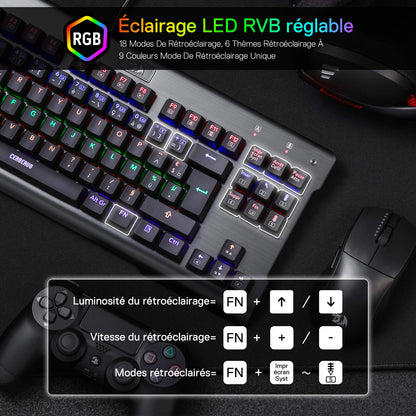 L'éclairage LED RVB réglable du clavier est présenté, avec 18 modes de rétroéclairage et des raccourcis clavier pour ajuster la luminosité, la vitesse et les modes.