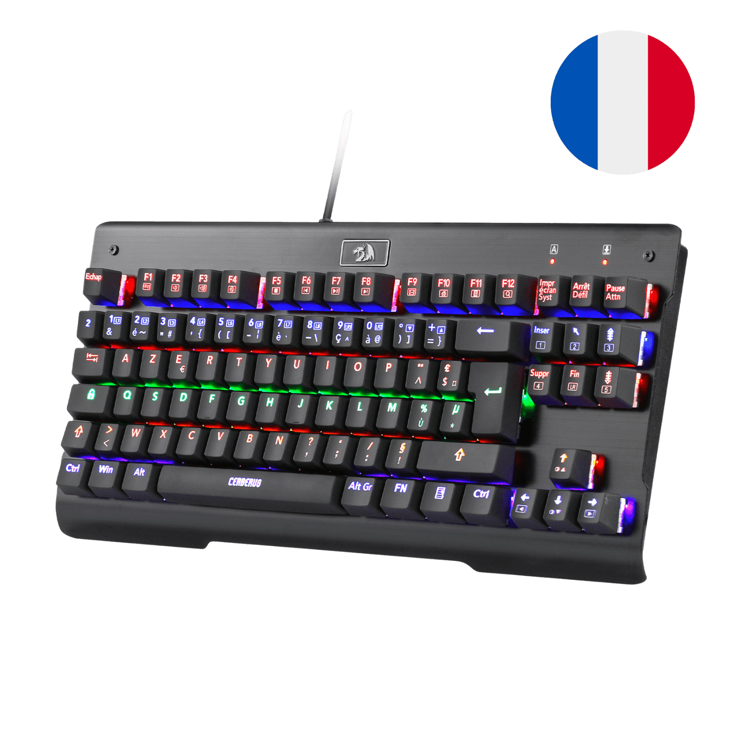 Le clavier mécanique TKL Redragon Cerberus est affiché avec son éclairage RGB et un drapeau français, soulignant sa compatibilité pour un usage francophone.