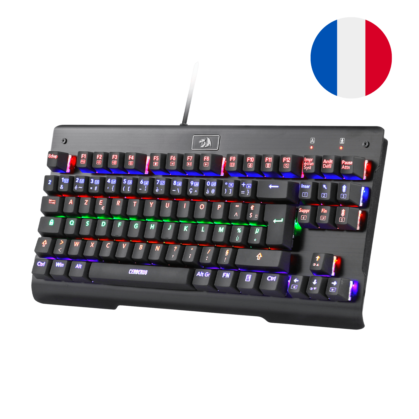 Le clavier mécanique TKL Redragon Cerberus est affiché avec son éclairage RGB et un drapeau français, soulignant sa compatibilité pour un usage francophone.