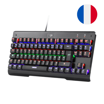 Le clavier mécanique TKL Redragon Cerberus est affiché avec son éclairage RGB et un drapeau français, soulignant sa compatibilité pour un usage francophone.