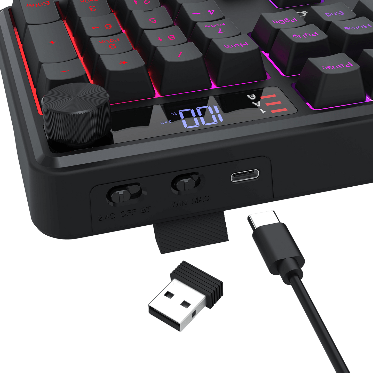 Redragon K526 PRO RGB Wireless Membrane Gaming Keyboard, 104 Keys Mechanical-Feel Keyboard w/LED Info Display, Media/Backlit Knob Control, Smooth Linear Switch & Software Supported