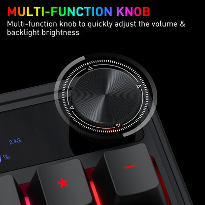 A close-up of the multi-function knob shows it can quickly adjust volume and backlight brightness, with a digital display indicating the 2.4G connection.