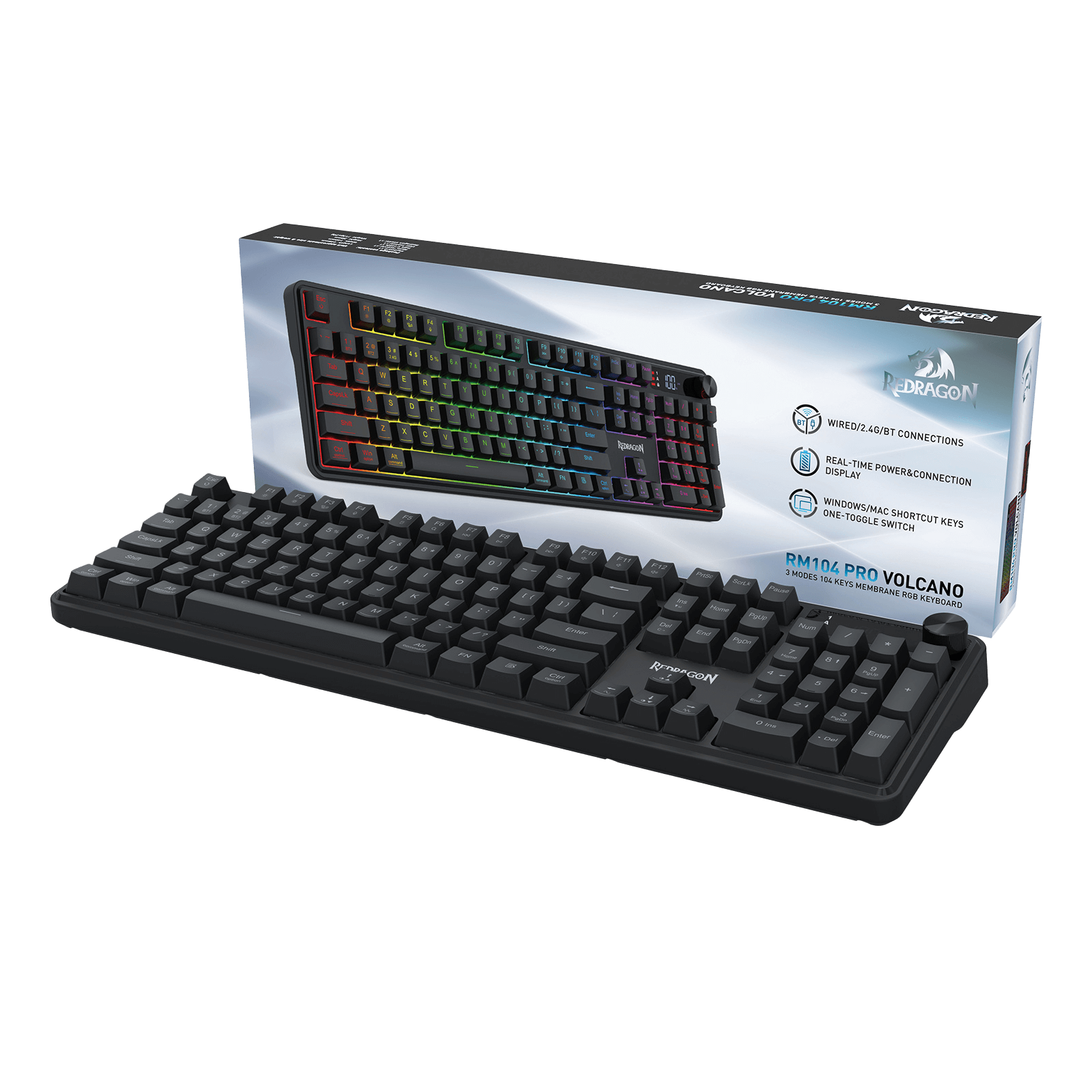 Redragon K526 PRO RGB Wireless Membrane Gaming Keyboard, 104 Keys Mechanical-Feel Keyboard w/LED Info Display, Media/Backlit Knob Control, Smooth Linear Switch & Software Supported
