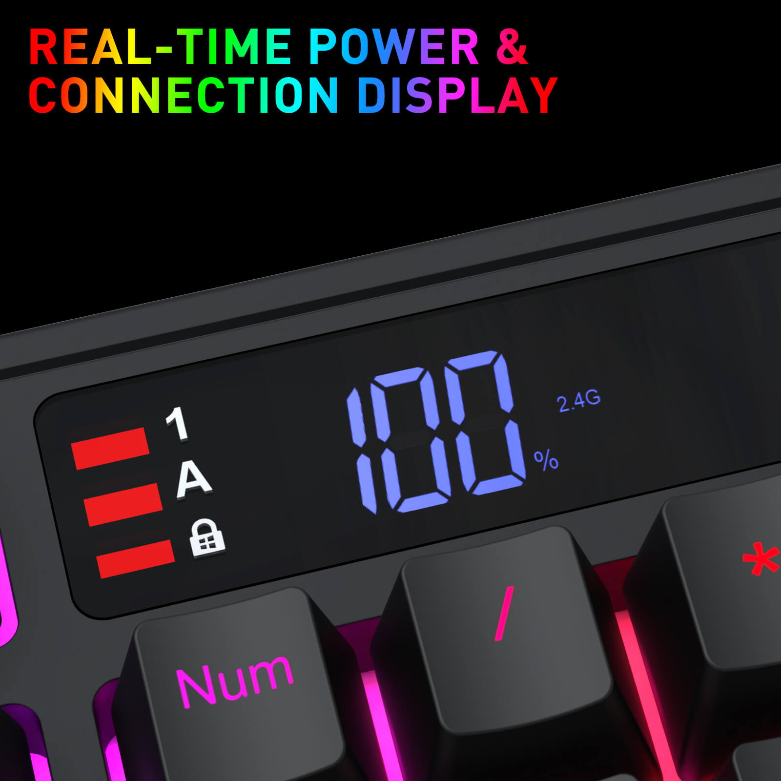 A close-up of the keyboard’s digital display shows real-time power (100%) and connection status (2.4G), with a lock indicator.