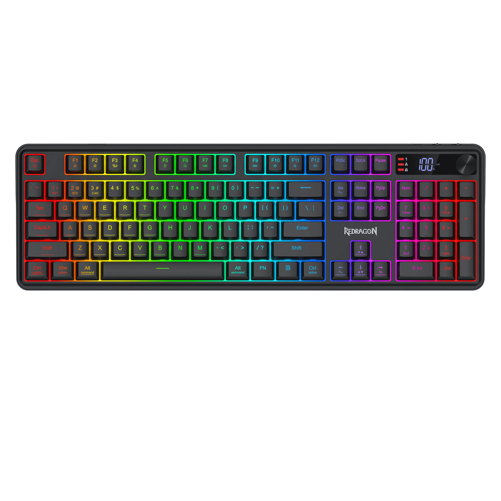 Redragon K526 PRO RGB Wireless Membrane Gaming Keyboard, 104 Keys Mechanical-Feel Keyboard w/LED Info Display, Media/Backlit Knob Control, Smooth Linear Switch & Software Supported
