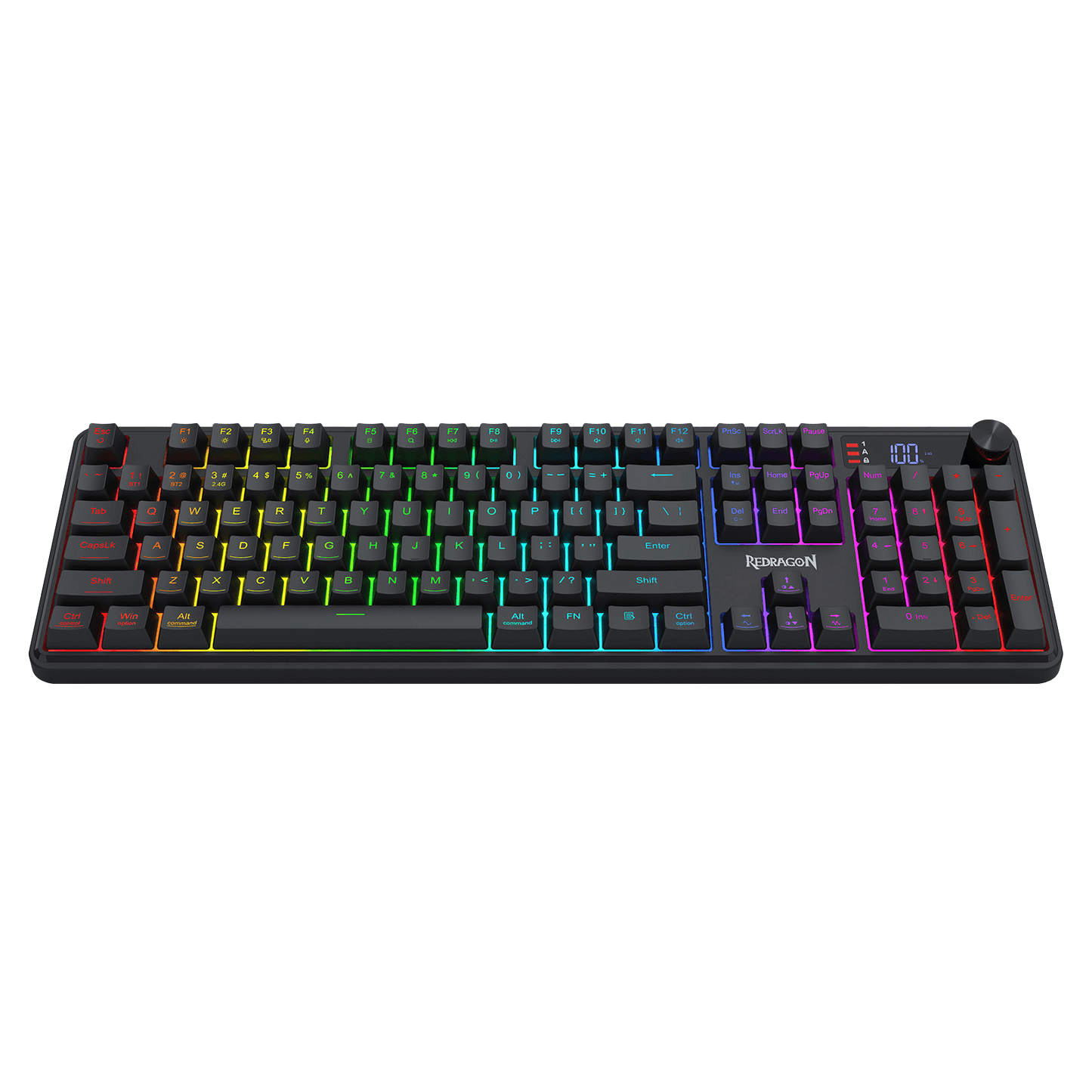 Redragon K526 PRO RGB Wireless Membrane Gaming Keyboard, 104 Keys Mechanical-Feel Keyboard w/LED Info Display, Media/Backlit Knob Control, Smooth Linear Switch & Software Supported