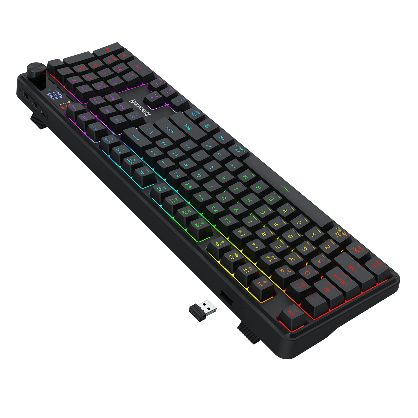 Redragon K526 PRO RGB Wireless Membrane Gaming Keyboard, 104 Keys Mechanical-Feel Keyboard w/LED Info Display, Media/Backlit Knob Control, Smooth Linear Switch & Software Supported