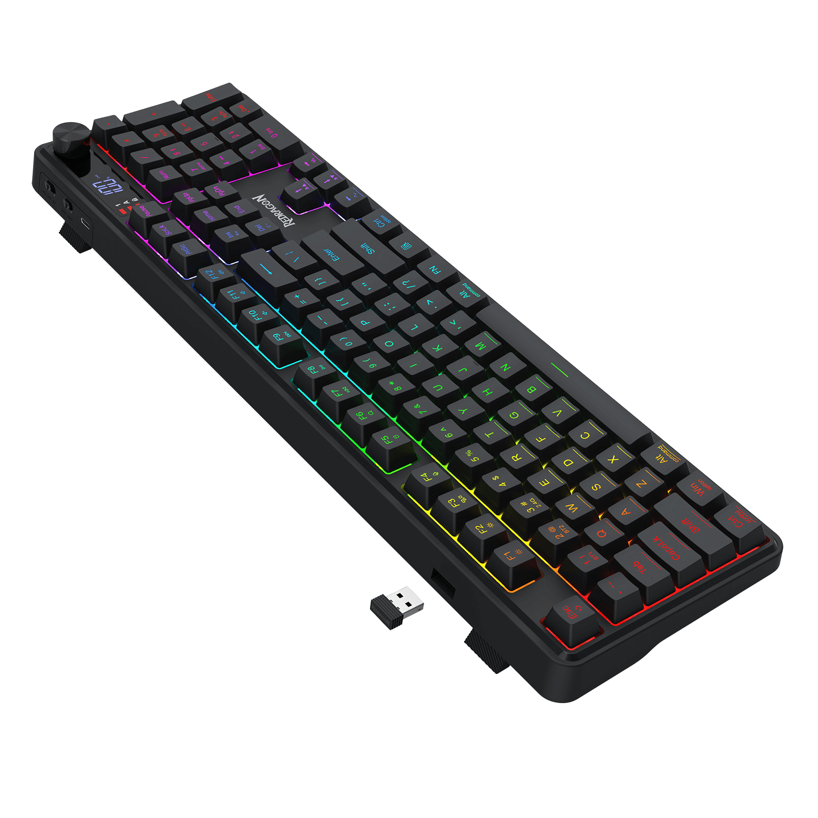 Redragon K526 PRO RGB Wireless Membrane Gaming Keyboard, 104 Keys Mechanical-Feel Keyboard w/LED Info Display, Media/Backlit Knob Control, Smooth Linear Switch & Software Supported