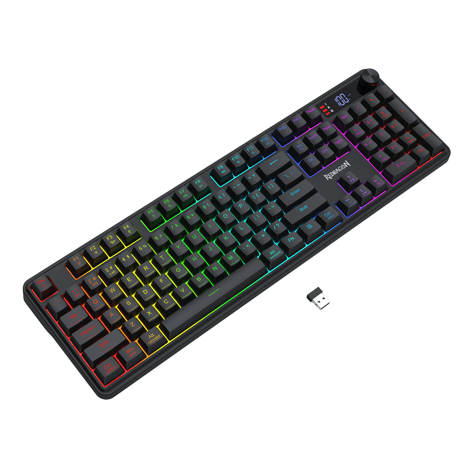 Redragon K526 PRO RGB Wireless Membrane Gaming Keyboard, 104 Keys Mechanical-Feel Keyboard w/LED Info Display, Media/Backlit Knob Control, Smooth Linear Switch & Software Supported