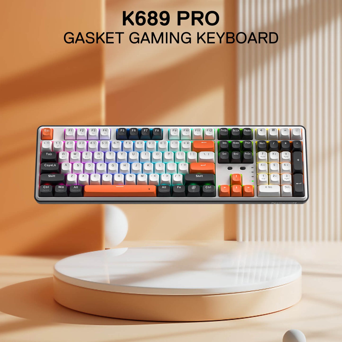 Redragon K689 PRO Wireless Gasket RGB Gaming Keyboard, 104 Keys + Extra 4 Hotkeys Mechanical Keyboard w/Upgraded Hot-swappable Socket, 5-Layer Noise Dampening, Round PBT Keycaps, Custom Linear Switch