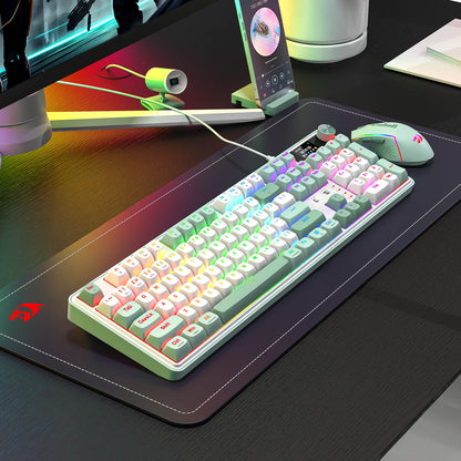 Gaming keyboard and mouse setup on a desk with colorful backlighting