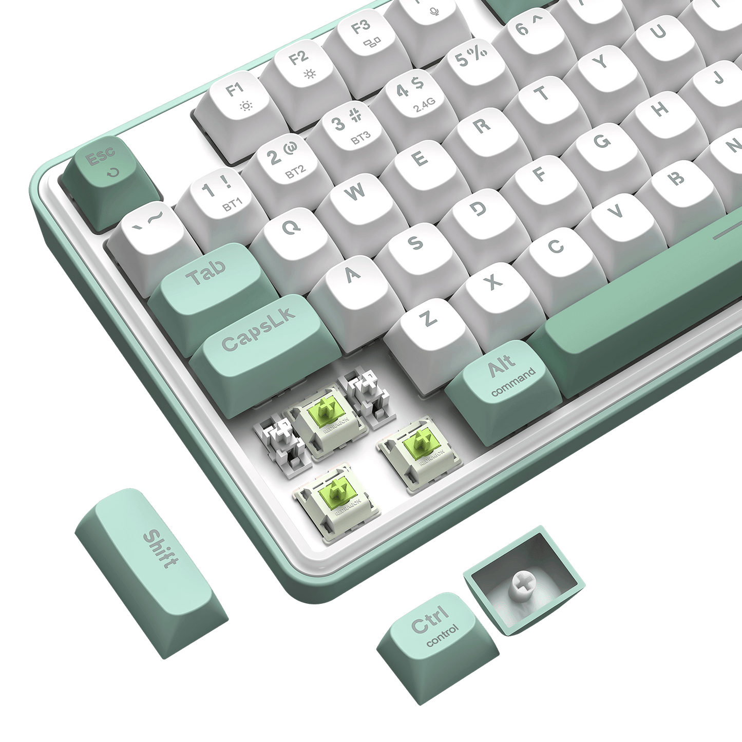 Keyboard with green and white keys on a black background