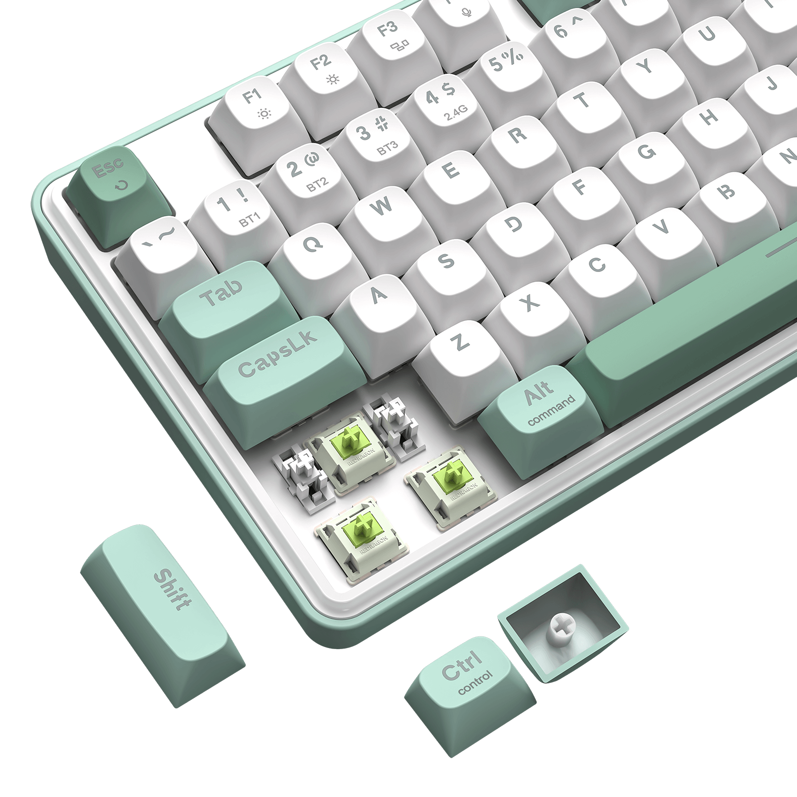Keyboard with green and white keys on a black background