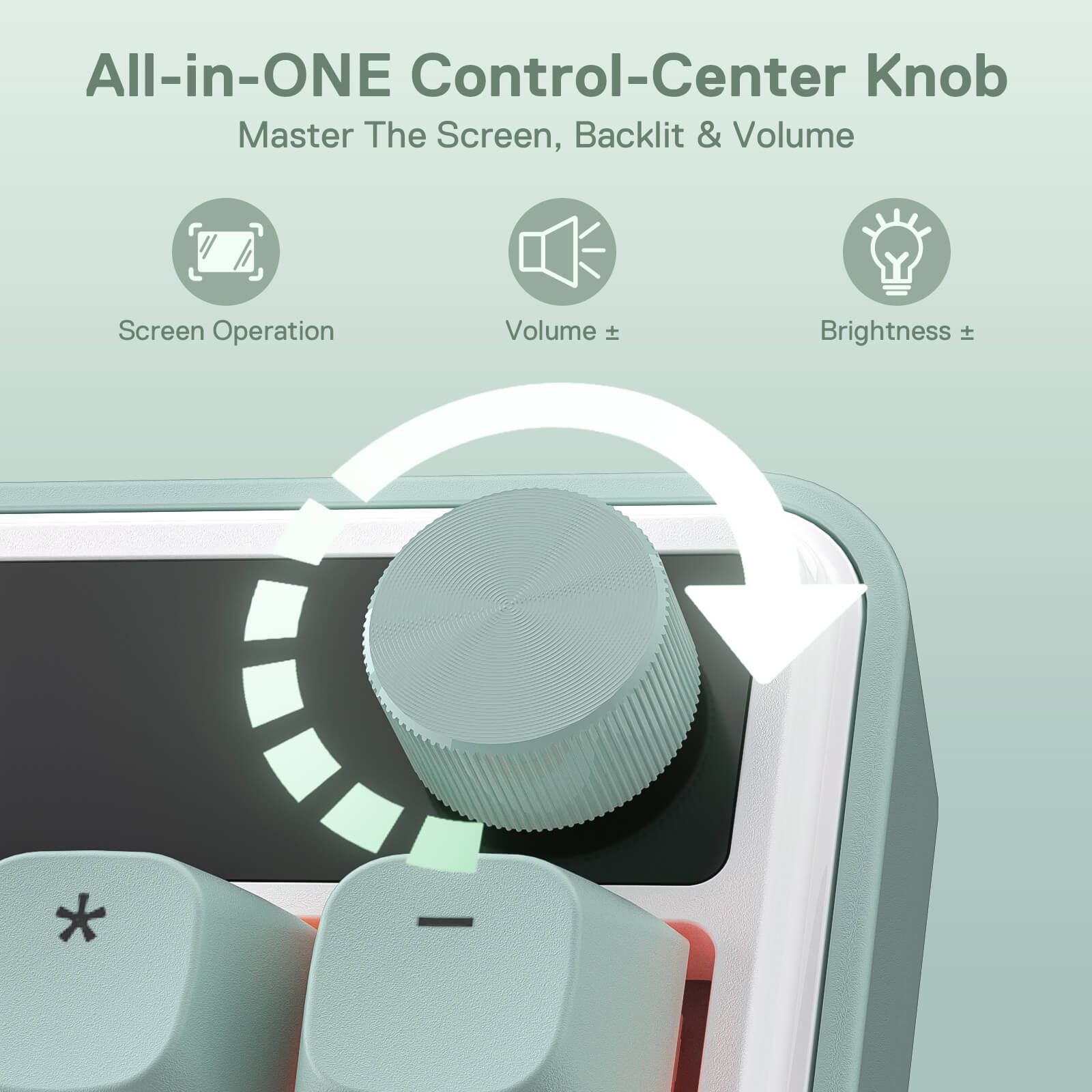 All-in-one control center knob with screen operation, volume, and brightness controls on a light green background.