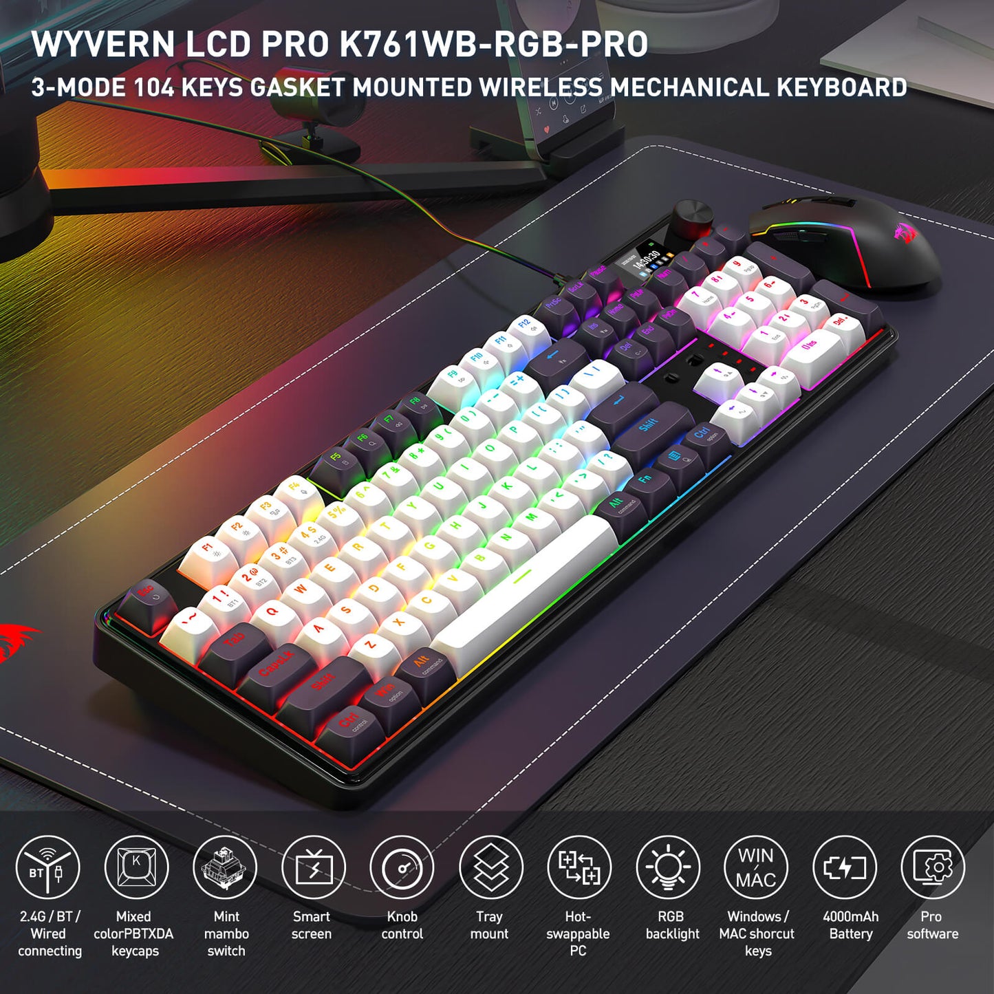 Wyvern LCD Pro K761WB-RGB-Pro keyboard with RGB lighting on a desk.