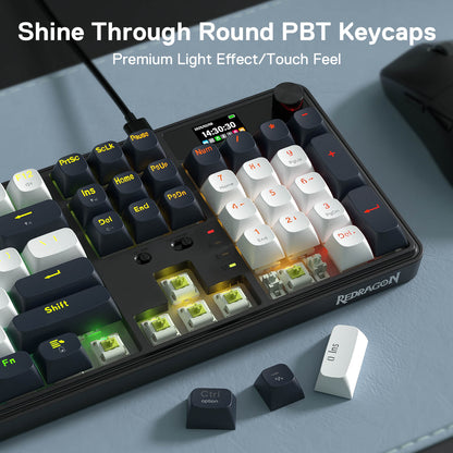 Redragon Mechanical keyboard with Shine Through Round PBT keycaps on a gray surface