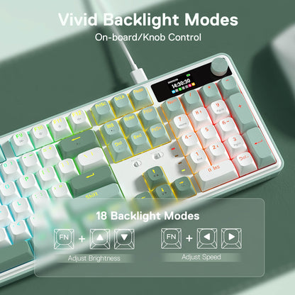 Mechanical keyboard with customizable backlight modes on a green surface
