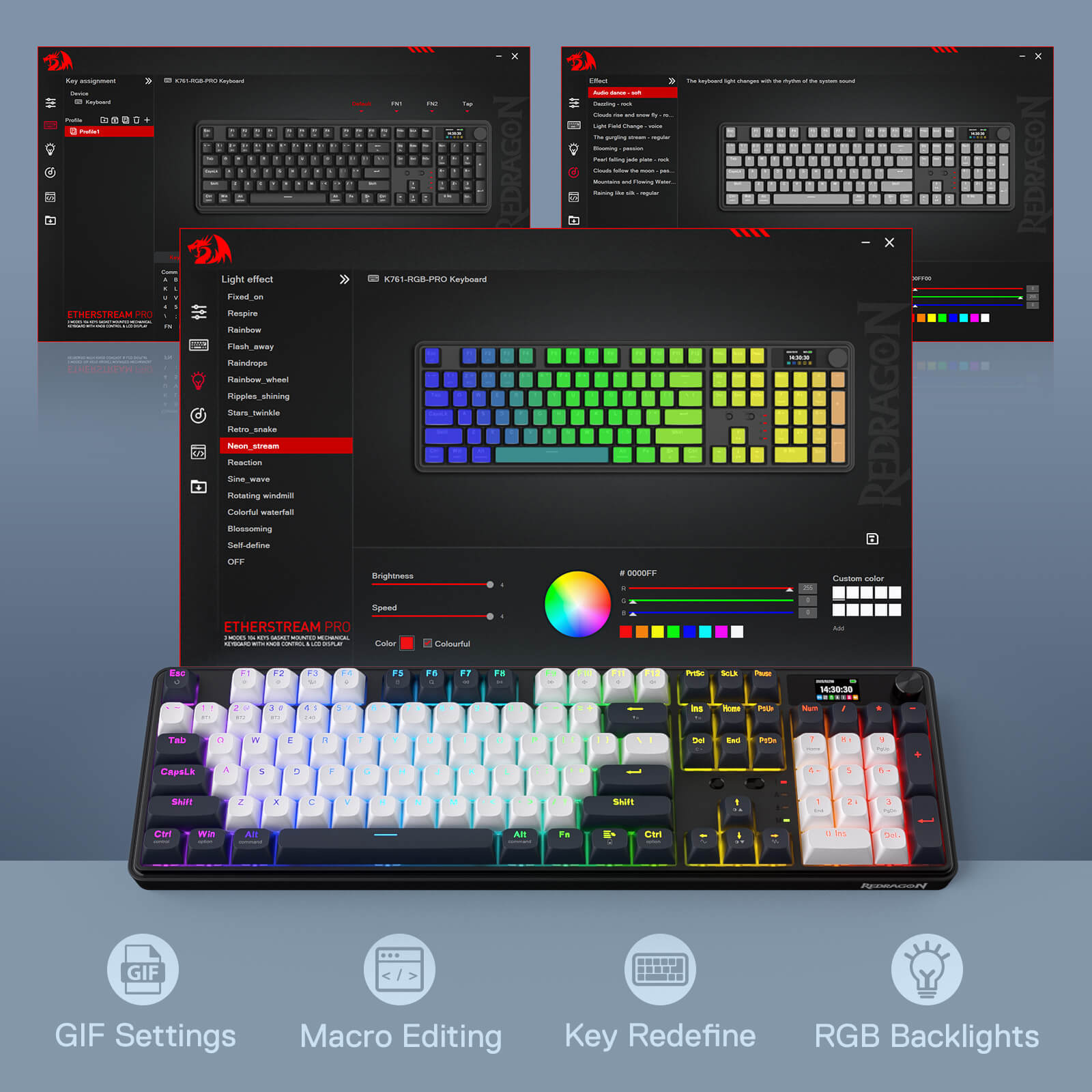 Keyboard with RGB backlighting and customization software on a blue gradient background