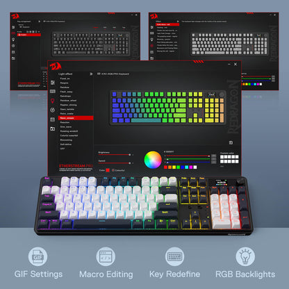 Keyboard with RGB backlighting and customization software on a blue gradient background