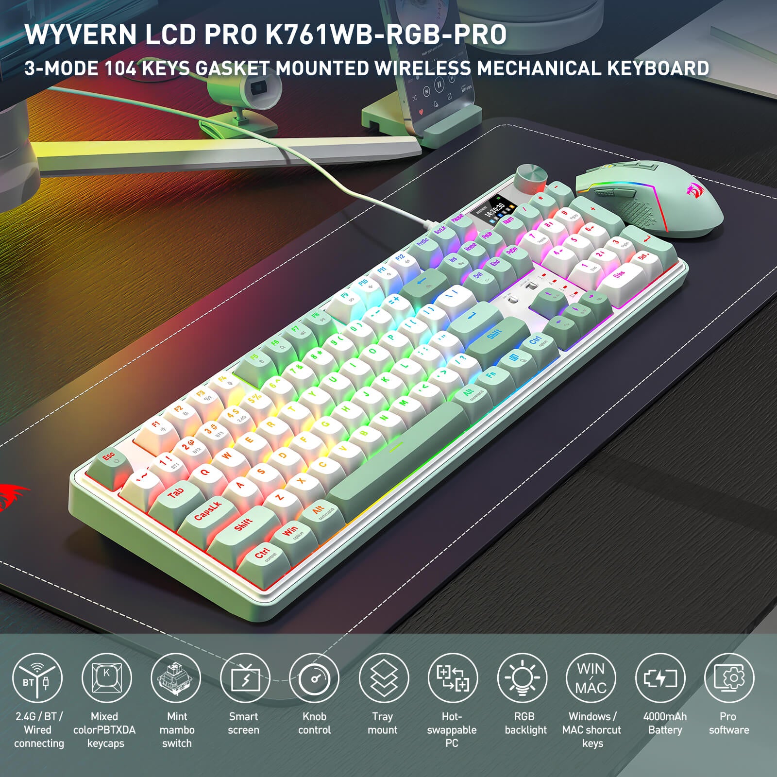 Wyvern LCD Pro K761WB-RGB-Pro keyboard with RGB lighting on a desk setup.