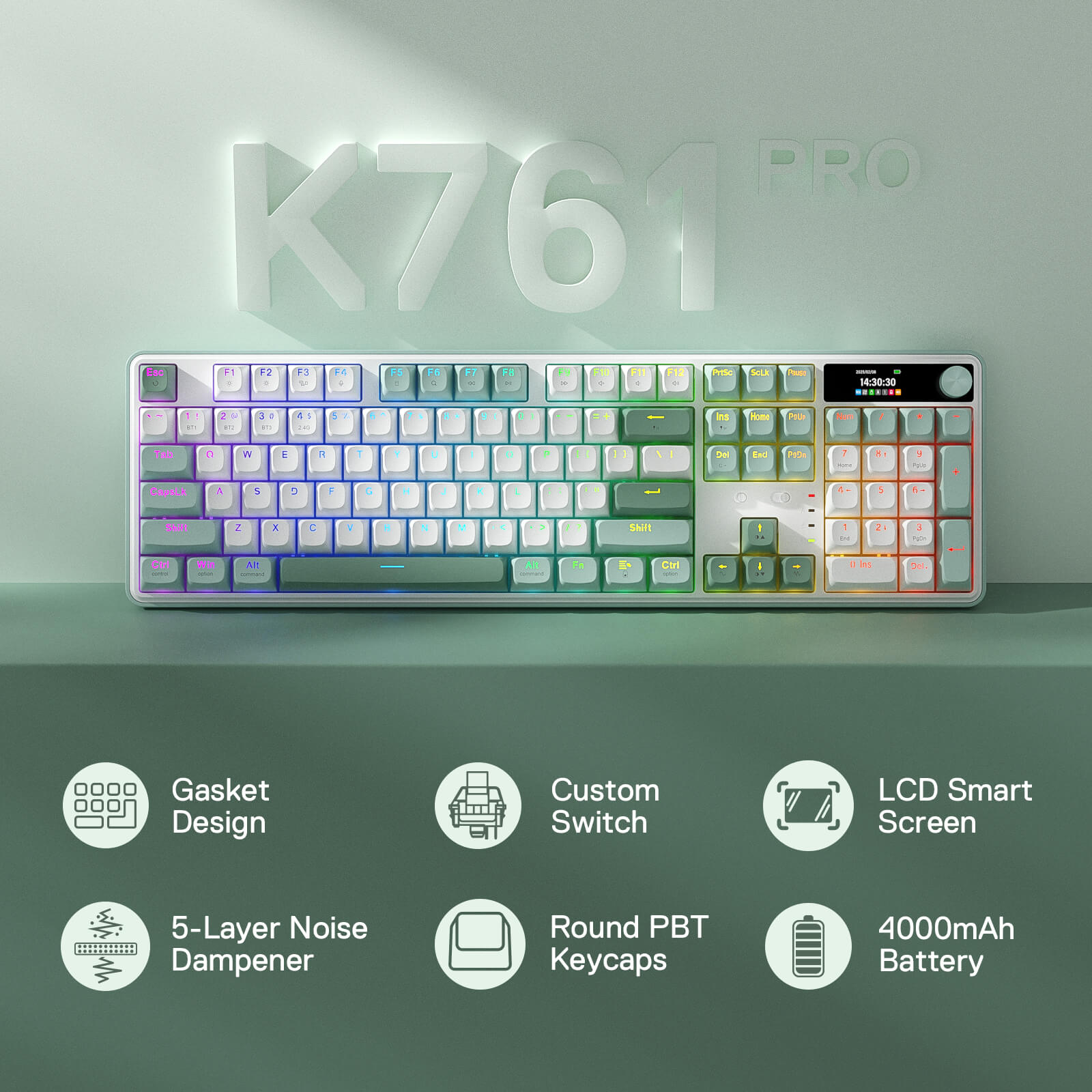 Redragon K761 Gasket Gaming toetsenbord met hype-display en knop, 104 Redragon K761 Gasket Gaming toetsenbord met hype-display en knop, 104