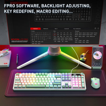 Colorful keyboard with RGB lighting on a desk setup, featuring software text overlay.