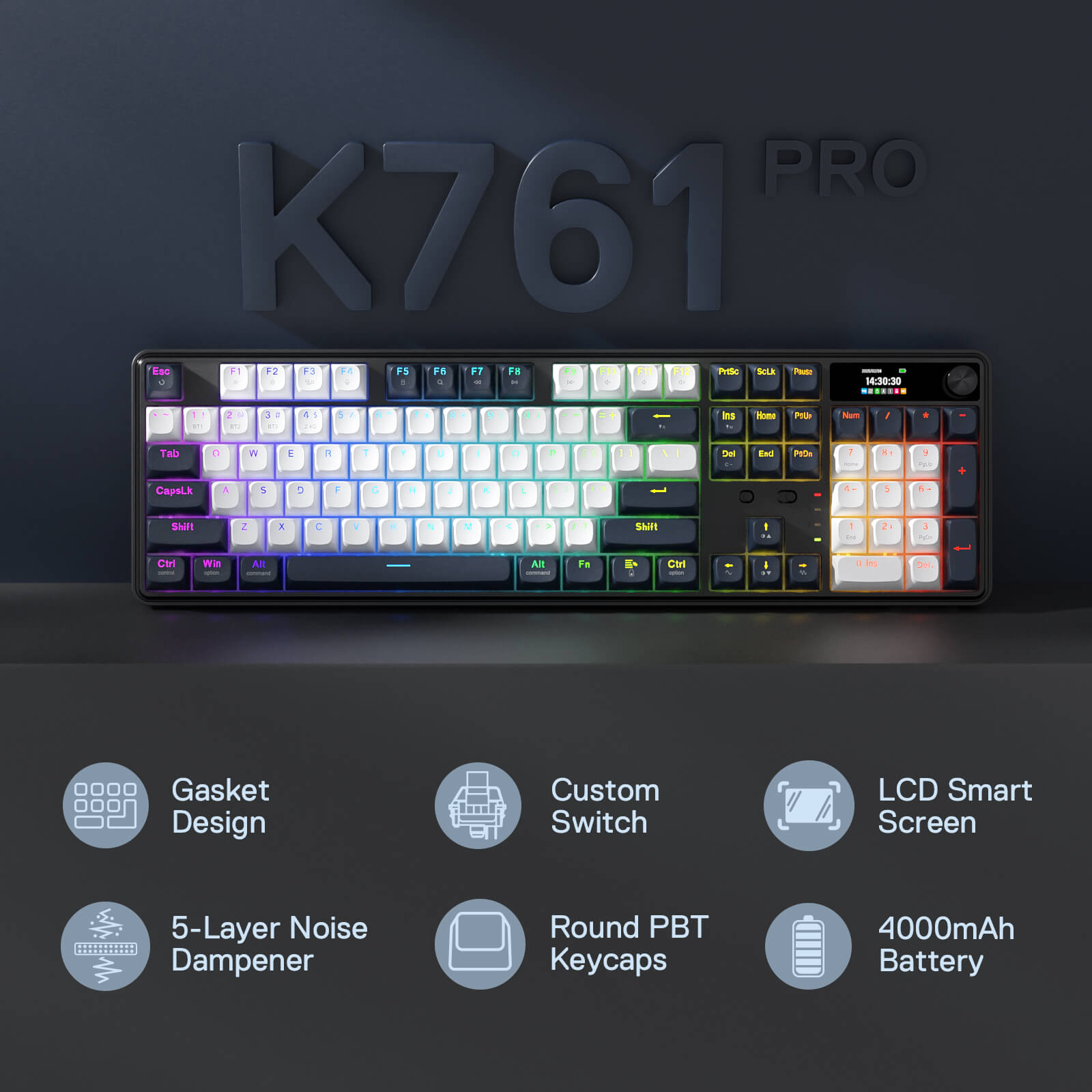 Redragon K761 Pro keyboard with features listed on a dark background