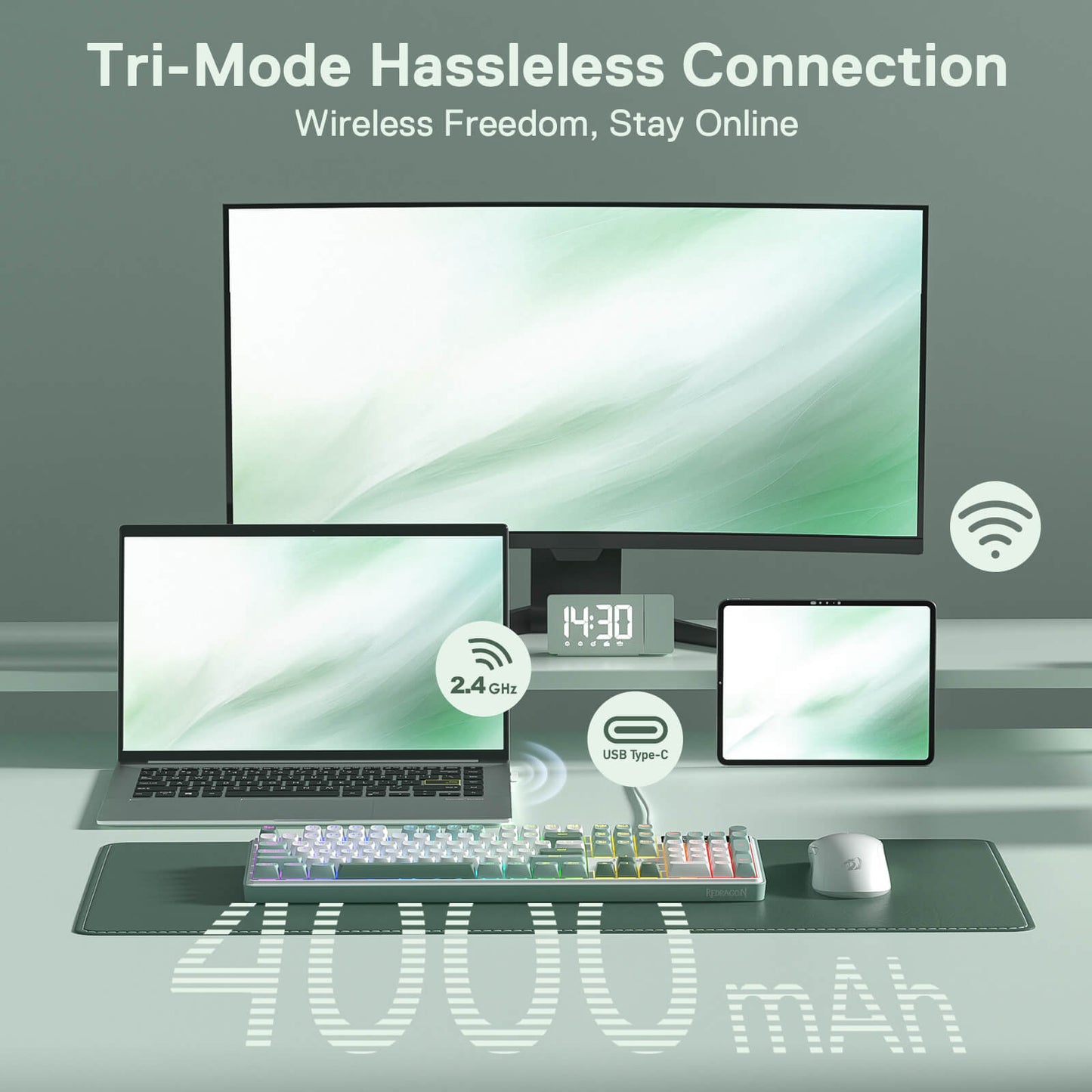Computer setup with multiple devices on a desk, emphasizing wireless connectivity.