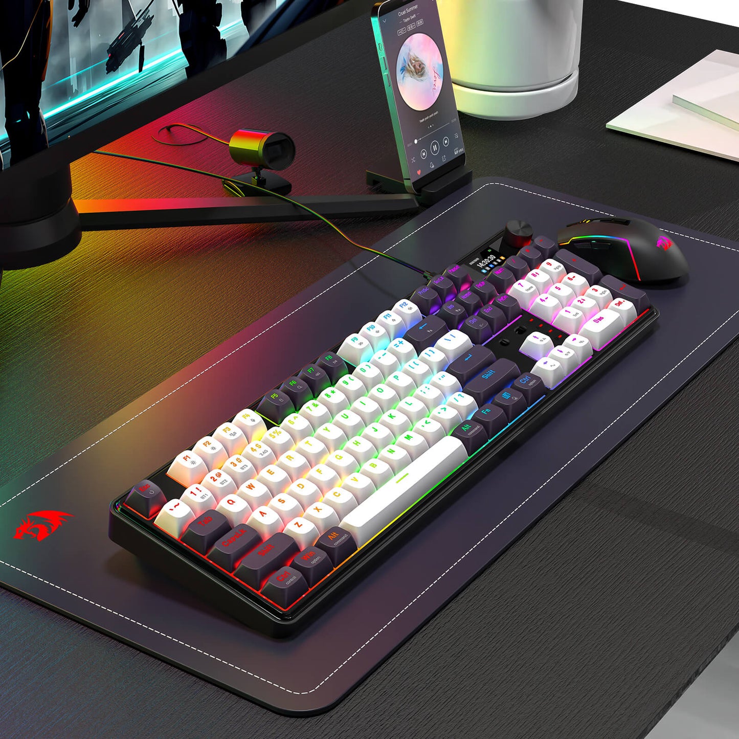 Gaming keyboard and mouse setup on a desk with RGB lighting