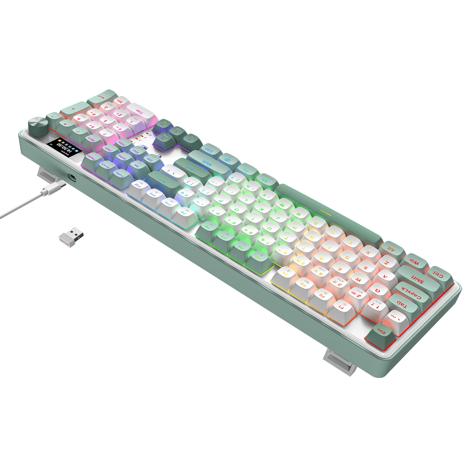 Mechanical keyboard with RGB lighting on a black background