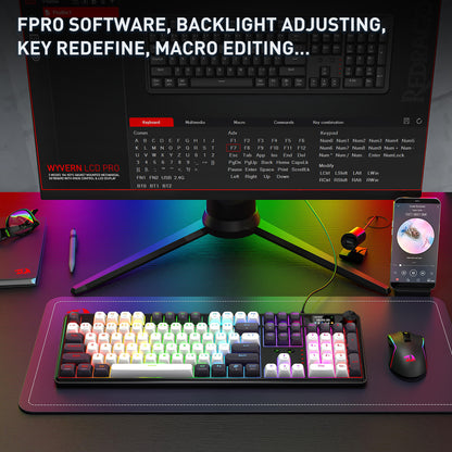 Gaming setup with a keyboard, mouse, and monitor displaying software features on a desk.