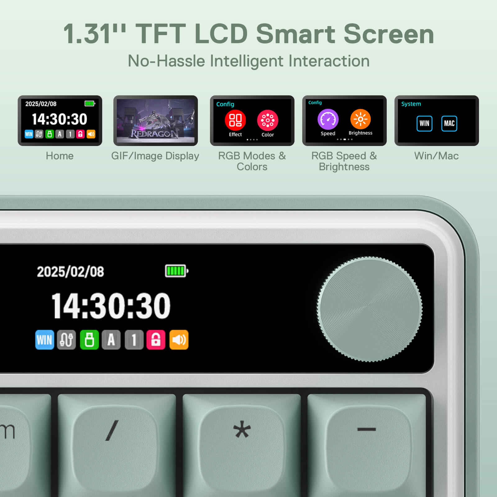 1.31" TFT LCD Smart Screen with digital display and control buttons on a light gray background.